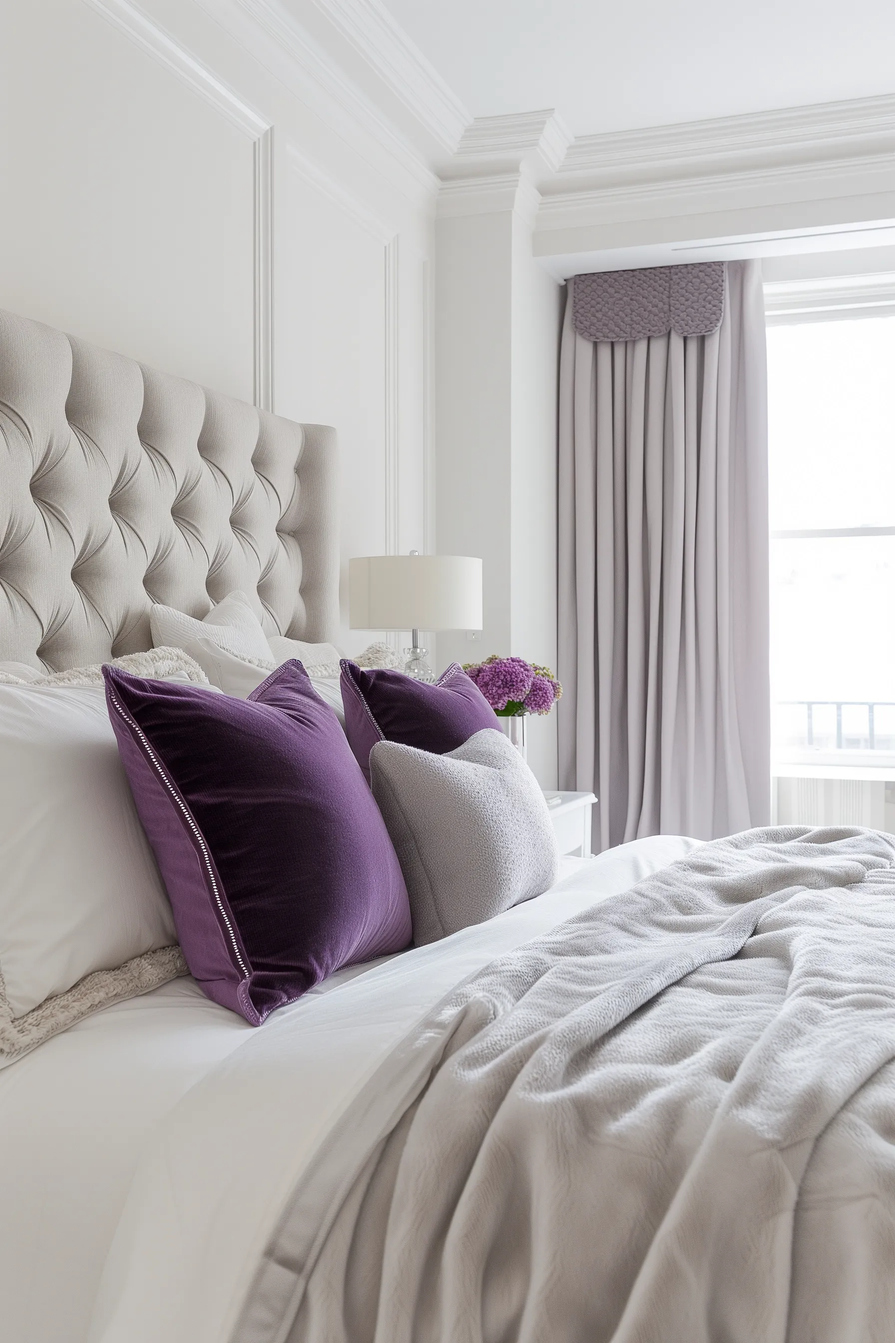 white, purple and grey bedroom
