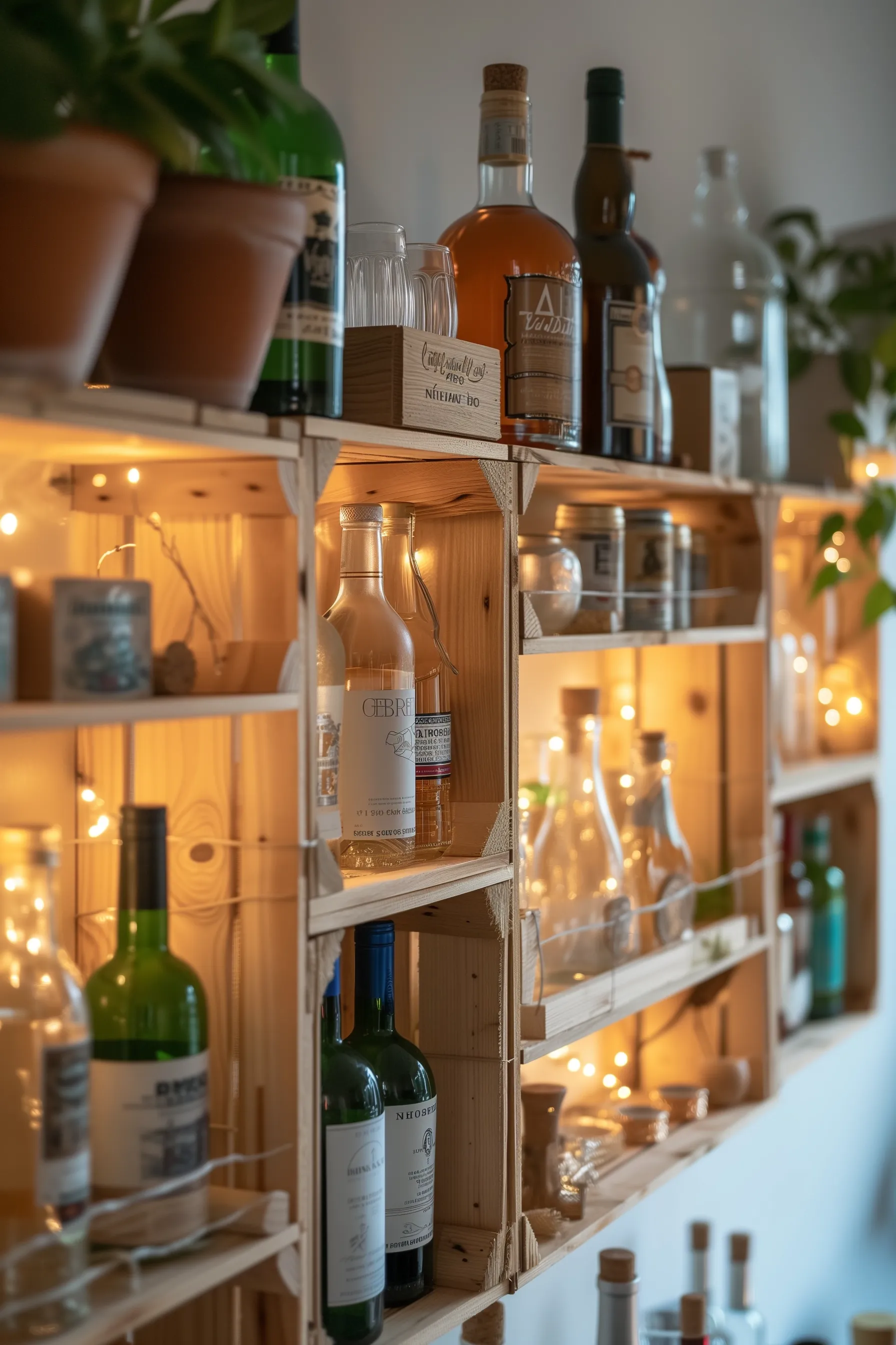 At home realistic and aesthetic DIY Wine Crate Bar Shelves with light wood and soft hues and fairy lights