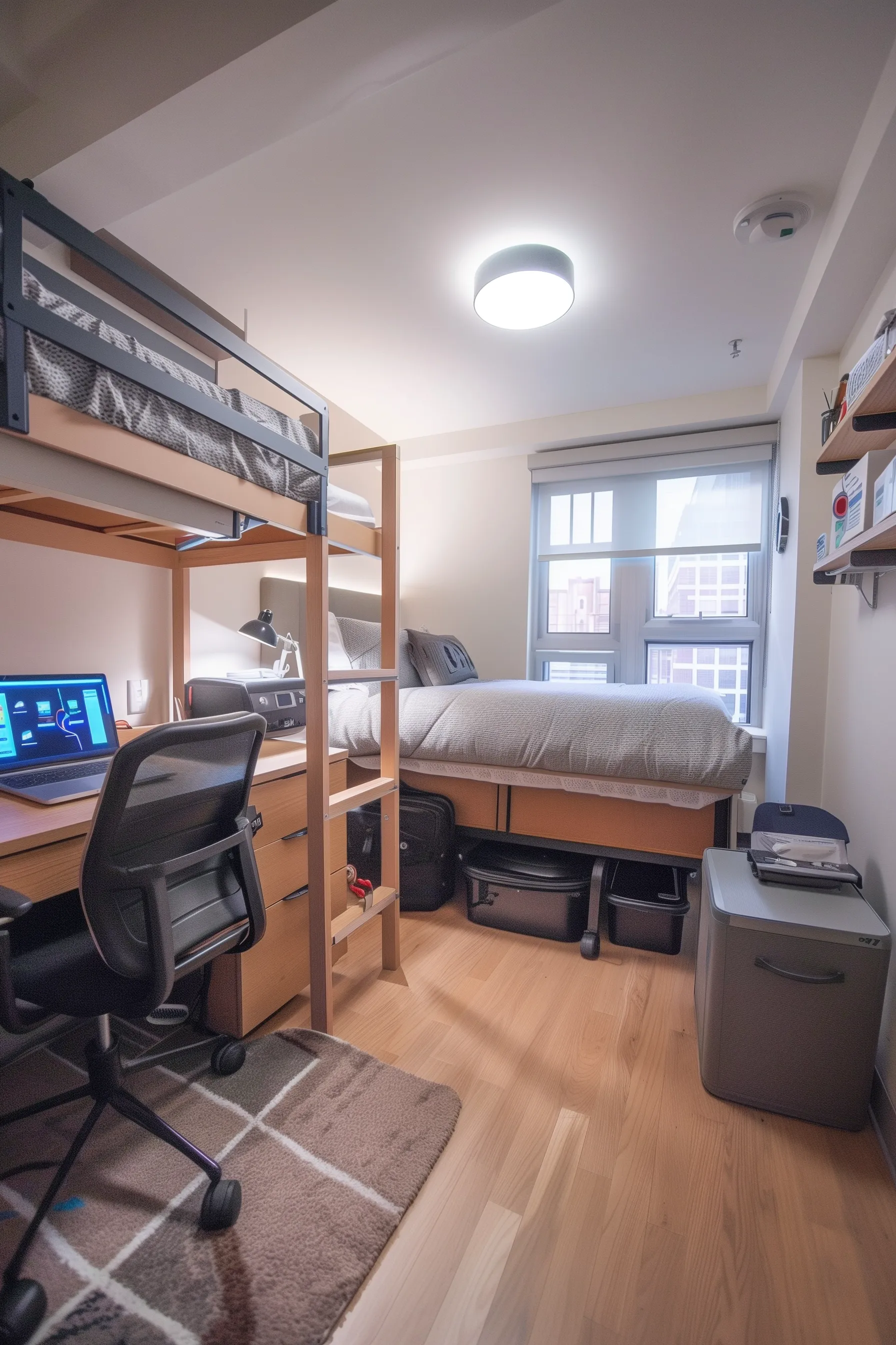 This dorm room is very simple, it features a white blanket, drawers, a desk, fairy lights, and artwork.