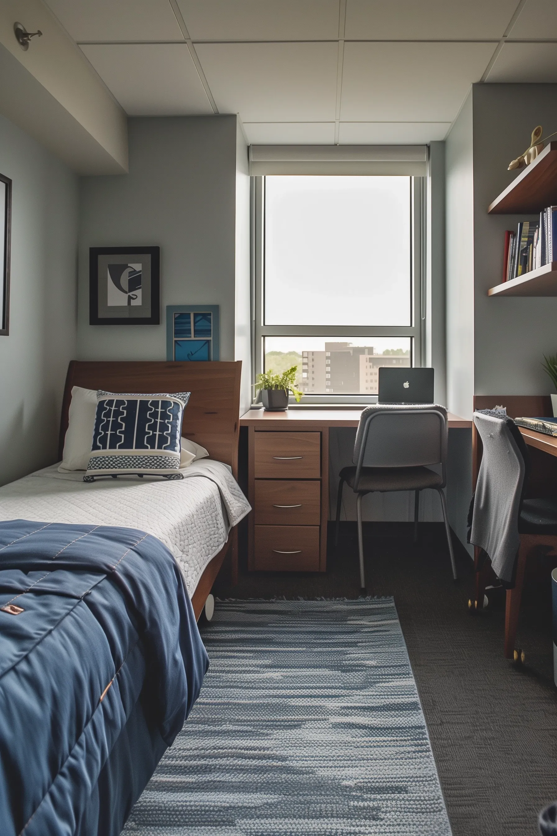 This dorm room features efficient storage solutions with storage cubes, and drawers. It also has an area rug.