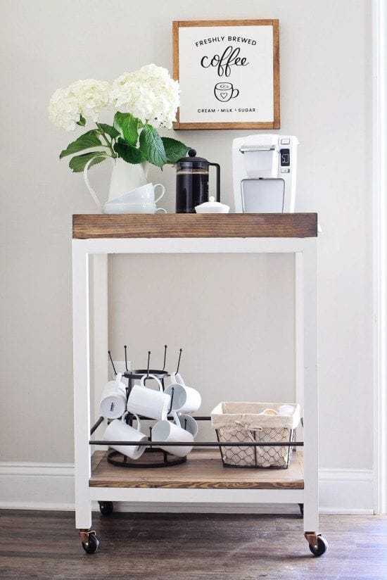 a modern white coffee bar cart