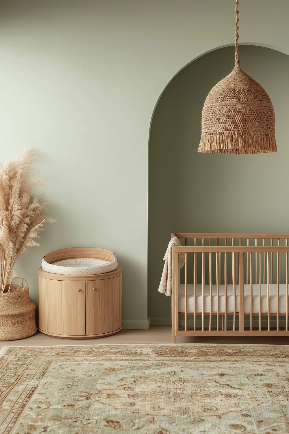 Green accent wall embellished with a round multi-purpose changing table and woven basket holding pampas grass. The crib is an obvious addition.