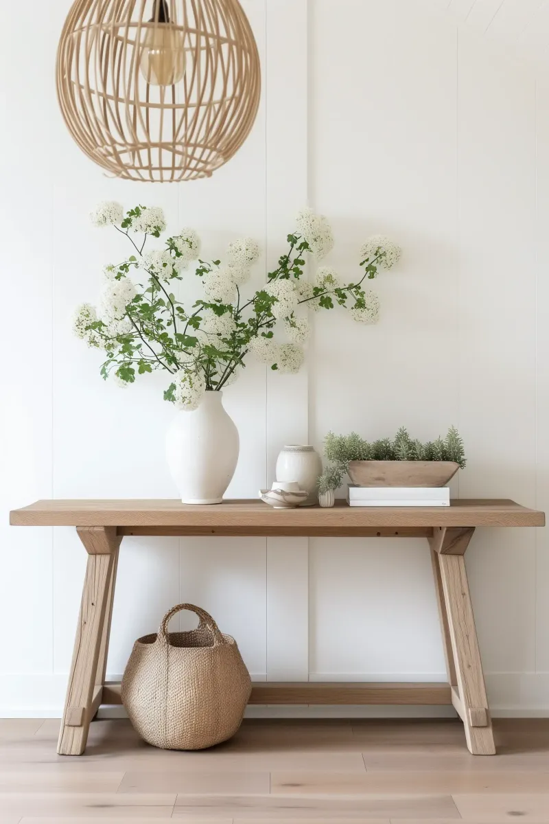 Entry table decor ideas with a wooden entry table, storage basket, vase of flowers and a light