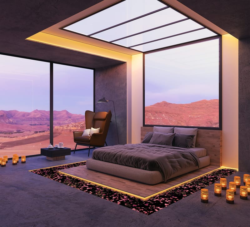 A futuristic bedroom ideas with a low platform bed and large windows