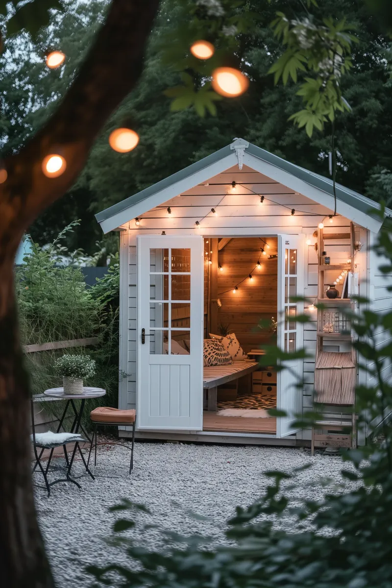 Man cave shed with white furniture, fairy lights, woven chairs and a rug.