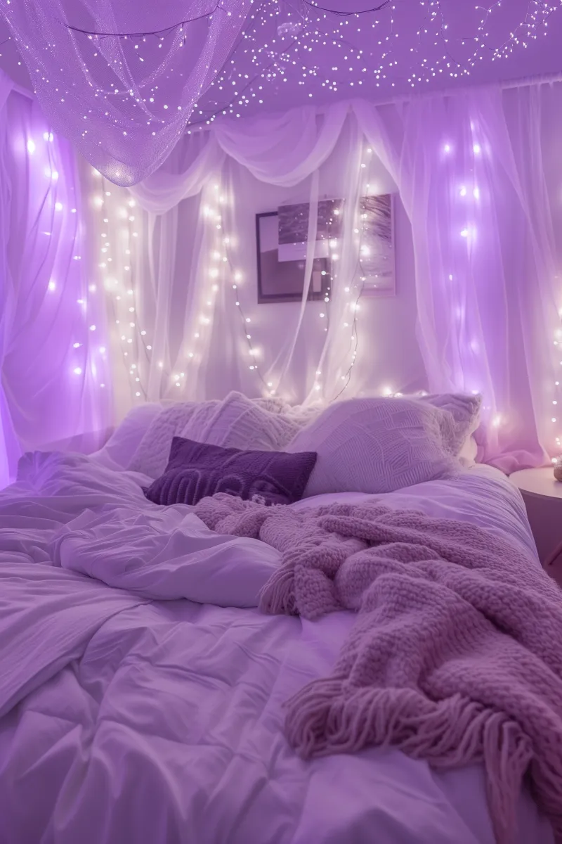 A teenage girls purple bedroom with fairy lights, a canopy, pillows, throws and a white duvet