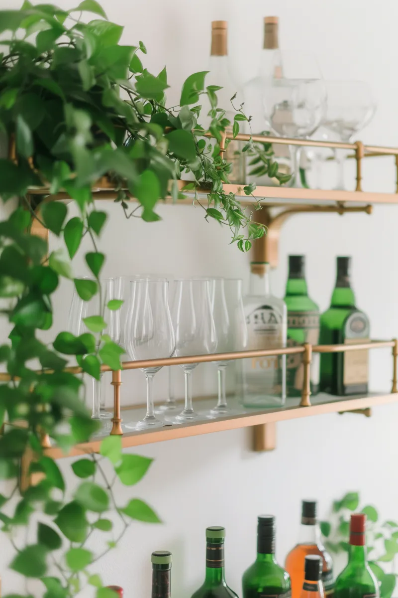 DIY bar shelf ideas with ivy vines and gold accents