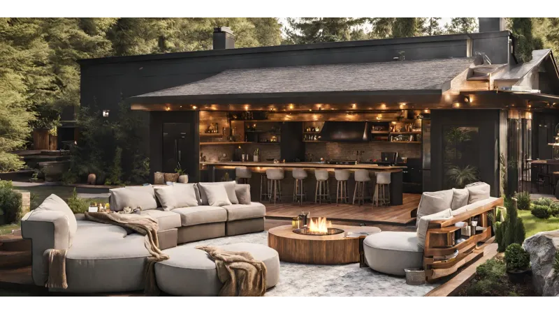 A large fire pit and an outdoor man cave shed to showcase outdoor man cave ideas